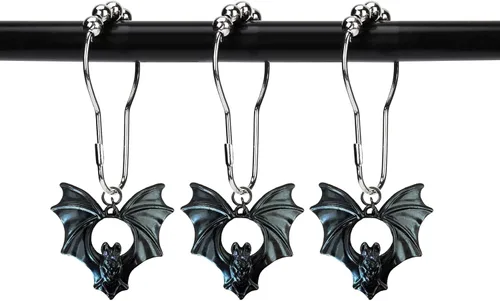 Miniatura 9 de Juego de 12 ganchos para cortina de ducha con diseño de murciélagos, suministros de fiesta de Halloween, decoración de casa encantada, acero Bate