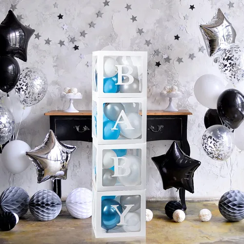Miniatura 8 de Cajas de bebé con 12 letras para baby shower, decoraciones de baby shower para niño o niña, 4 cajas de globos transparentes bloques transparentes