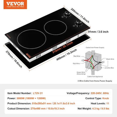 Miniatura 2 de VEVOR Electric Cooktop, 12 inch 2 Burners Built-in Electric Stove Top, 3000W Ceramic Top Radiant Cooktop, with 11 Heat Levels, Glass Panel, Knob