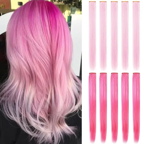 Miniatura 10 de Extensiones de cabello con clip de colores, 8 piezas de cabello sintético liso con reflejos azules y verde azulado