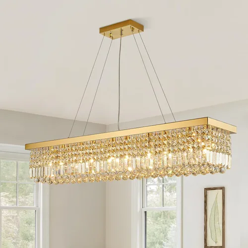 Miniatura 12 de Siljoy Candelabro de Cristal Moderno de 6 Luces Rectangular Dorado K9 Candelabro de Cristal en Forma de Gota de Lluvia para Comedor, Lámpara