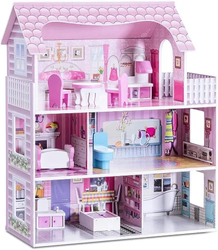 Miniatura 6 de Honey Joy Casa de muñecas de madera de 3 niveles con 8 muebles, casa de muñecas para niños, juego de princesa mini, regalo para niñas pequeñas 2.5