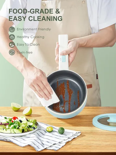 Miniatura 5 de Olla Eléctrica con Vaporera, Cocedor de Ramen Antiadherente de 1.6L Sartén para Saltear para Bistec, Huevo, Arroz Frito, Ramen, Avena, Sopa
