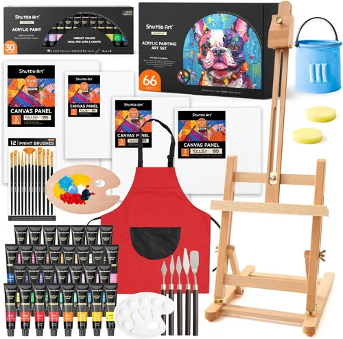 Shuttle Art - Juego de 66 pinturas acrílicas, juego de pintura acrílica de 30 colores, caballete de madera, lienzo de pintura, pinceles de pintura,