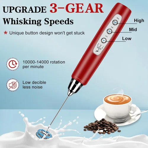 Miniatura 3 de Espumador de leche de mano con soporte, batidor eléctrico de 3 velocidades ajustables, mezclador de bebidas con batidor de acero inoxidable 3, Rojo
