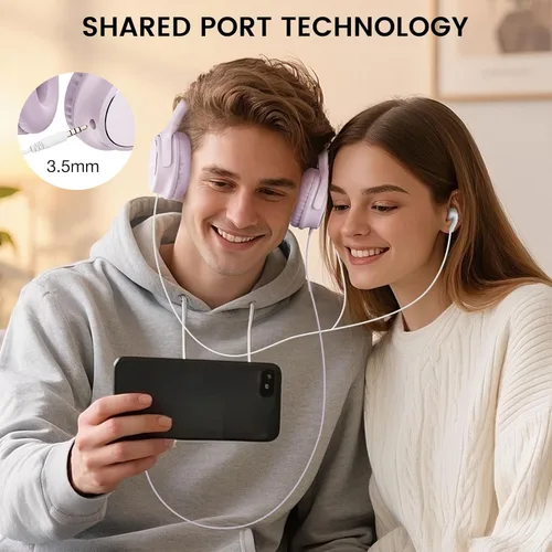 Miniatura 7 de Auriculares con cable USB C sobre la oreja con micrófono, control de volumen, puerto compartido y diadema ajustable, auriculares estéreo plegables