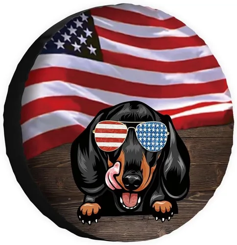 Miniatura 18 de Cubierta de neumático de repuesto para perro salchicha con gafas de sol con bandera de Estados Unidos, fundas protectoras de ruedas a prueba