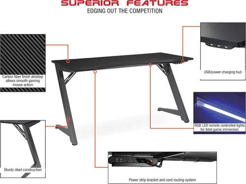 Miniatura 4 de OSP Home Furnishings Beta Battlestation - Escritorio para juegos con luces LED RGB Bluetooth, color rojo mate