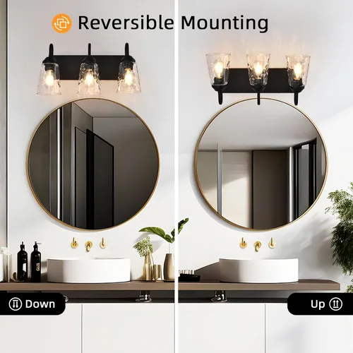 Miniatura 5 de Lámpara de baño de 3 luces, luces costeras con pantalla de cristal de cristal, lámpara de pared negra para espejo de cocina, pasillo, dormitorio