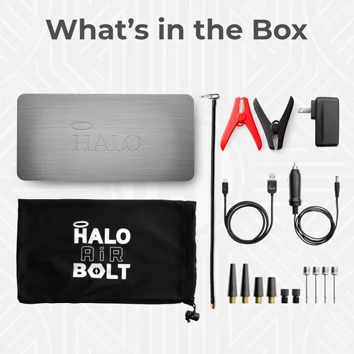 Miniatura 7 de HALO Bolt Air 58830 Arrancador de batería portátil para automóvil Compresor de aire de 100 PSI, banco de energía USB de 58.8Wh, luz inundante