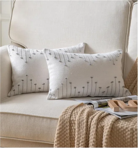 Miniatura 12 de Caflife Fundas de almohada boho de 18 x 18 pulgadas, juego de 2 almohadas decorativas para cama, fundas de almohada beige con línea negra para sofá