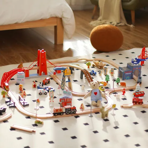 Miniatura 8 de Giant bean Juego de 117 piezas de tren Busy Port City para niños, juego de vías de tren de madera ampliables y cambiables, juguete grande de Navidad