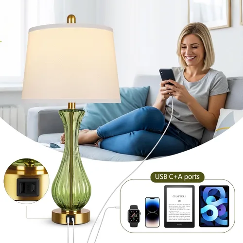 Miniatura 3 de Juego de 2 lámparas de mesa de cristal costero de 27.5 pulgadas, regulables de 3 vías, lámpara de playa con control táctil completo con puerto USB