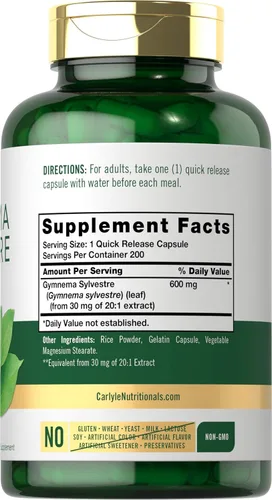 Miniatura 2 de Carlyle Gymnema Sylvestre Cápsulas 600 mg 200 unidades Suplemento sin OMG y sin gluten