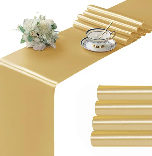 Miniatura 31 de Manyshofu 24 Piezas Caminos de Mesa de Satén Plateado – Tamaño Largo de 12 x 108 Pulgadas, Decoración de Camino de Mesa para Fiestas Brillante