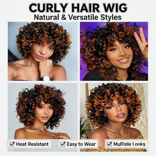 Miniatura 5 de Curly Wigs for Black Women Short Curly Wig with Bangs Soft Bouncy Fluffy Small Curls Heat Resistant Synthetic Wig for Daily Party Use Ombre Brown 14