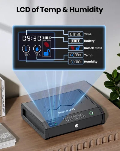 Miniatura 3 de Caja de seguridad para armas, cajas de seguridad biométricas para pistolas de mano con LCD de temperatura, humedad, batería, puerto USB-C, acceso
