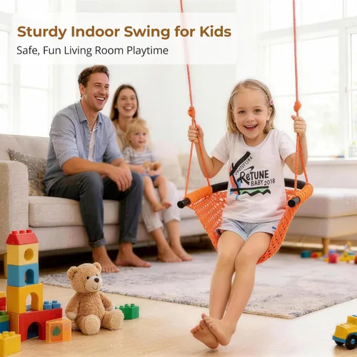 Miniatura 6 de JKsmart Asiento de columpio para niños con cuerda resistente, juego de columpio seguro para niños, perfecto para interior, exterior, patio de Naranja