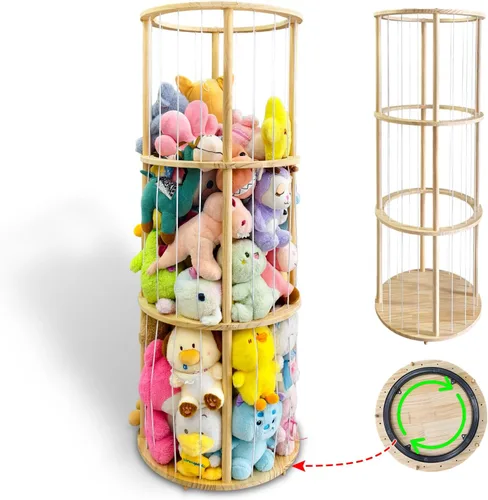 Torre giratoria de almacenamiento de animales de peluche, organizador de juguetes de peluche de madera de 51 pulgadas de alto (base de 19 x 19