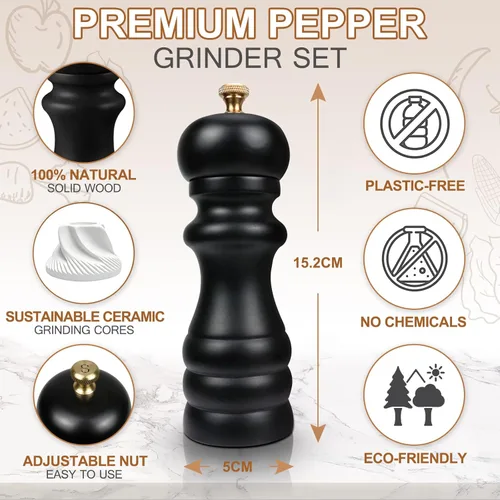 Miniatura 2 de Juego de 2 molinillos de sal y pimienta, molinillo de pimienta manual y molinillo de sal con rotor de cerámica ajustable y junta de acero Negro