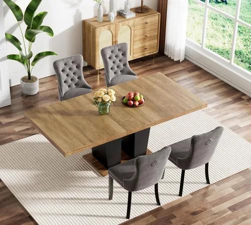 Miniatura 71 de Juego de mesa de comedor extensible marrón de 63 a 78.74 pulgadas para 4, juego de mesa de comedor de 5 piezas con 4 sillas, mesa de cocina