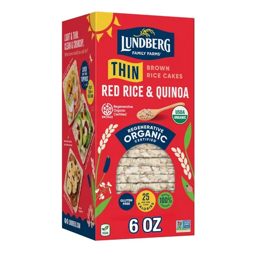 Lundberg Apiladores finos orgánicos, arroz rojo y quinua, sin sal, pasteles de arroz finos multigrano, sin gluten, veganos, bocadillos saludables, 6