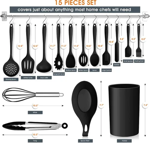 Miniatura 2 de E-far - Juego de utensilios de cocina de silicona de 15 piezas con soporte, utensilios de cocina antiadherentes y resistentes al calor, incluye