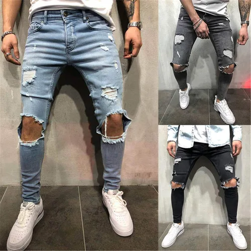 Miniatura 6 de Andongnywell - Pantalones de mezclilla con cremallera para hombre elásticos rasgados rasgados y rasgados pierna cónica pantalones de mezclilla