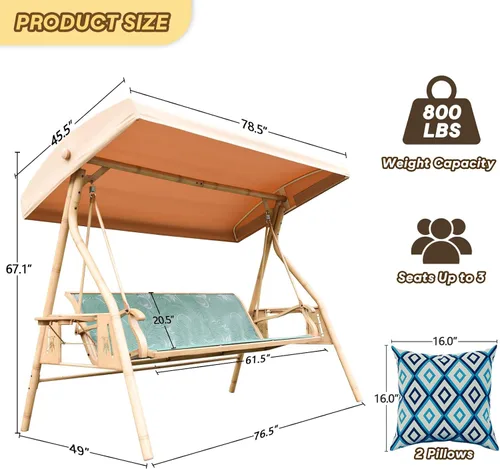 Miniatura 7 de ZZW Columpio de patio para 3 personas para adultos con toldo ajustable y portavasos mejorados, tela de textileno, silla de columpio con soporte Verde