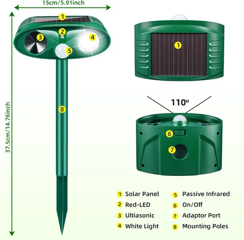 Miniatura 6 de Dispositivos repelentes de ciervos y gatos mejorados, repelente solar ultrasónico de animales al aire libre con sensor de movimiento y luz
