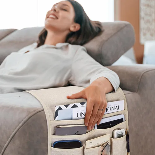 Miniatura 3 de Teniux Organizador de sillón con control remoto para sofá reclinable, organizador antideslizante con 5 bolsillos para revista, tableta, teléfono