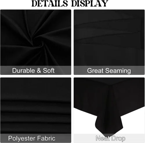 Miniatura 4 de Paquete de 4 manteles cuadrados de mesa de 52 x 52 pulgadas, mantel negro lavable a máquina, tela de poliéster, cubierta de mesa para comedor