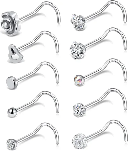 Tornito 20G - 10 piezas de acero inoxidable para la nariz, anillos de circonita cúbica, piercing para la nariz, joyería para hombres y mujeres, tono
