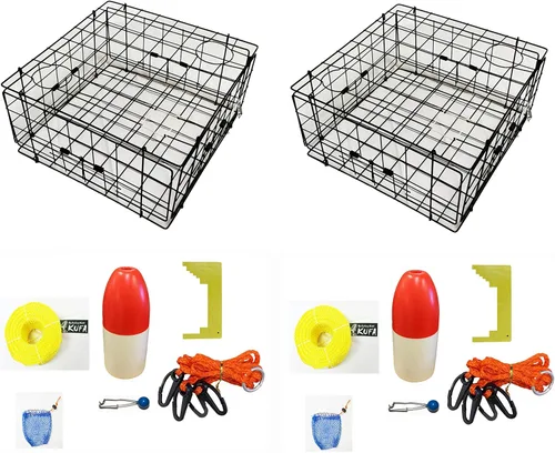 Paquete de 2 trampas para cangrejos con revestimiento de vinilo KUFA y kit de accesorios que incluye cuerda de 100 pies, calibrador, arnés, bolsa de