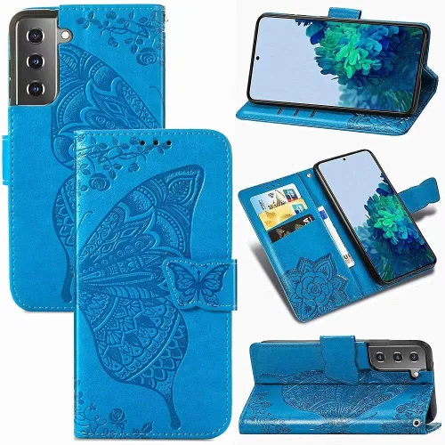 Miniatura 2 de Funda tipo cartera para Samsung Galaxy S21, piel sintética de alta calidad con diseño de flores de mariposa en relieve, función atril, ranuras