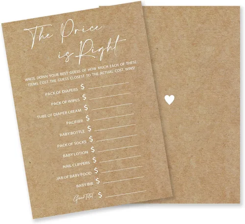 The Price Is Right Juego para baby shower, 30 tarjetas de juego de papel kraft minimalistas para bebé, niño o niña, anuncio de bebé, revelación de