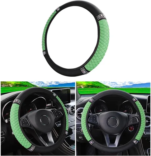 Miniatura 13 de Osilly Funda brillante para volante de automóvil, 15 pulgadas, con diamantes de imitación brillantes, piel suave, protector elástico, para mujeres