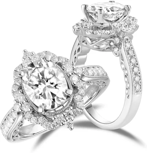 DovEggs Center 2carat 7x9mm G-H-I Color Oval Cut Art Deco Moissanite AntiqueVintage Floral Halo Engagement Ring 14K Gold Quality Silver Engagement