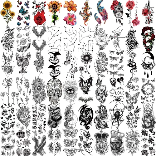 Miniatura 2 de Yazhiji 77 hojas de tatuajes temporales impermeables para niñas o niños, 17 hojas más grandes de medio brazo, lobo, tigre, león, tatuajes falsos