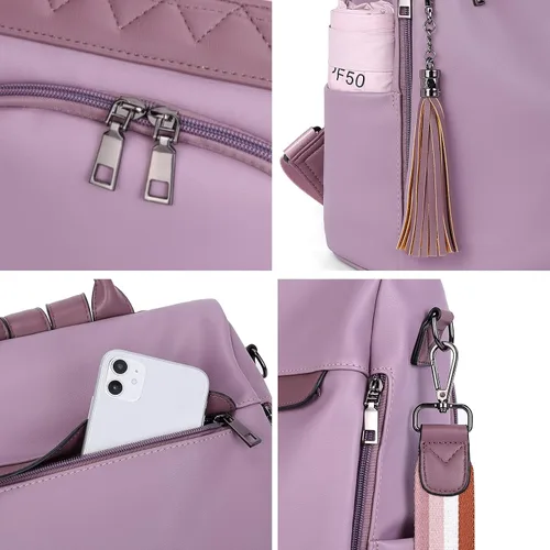 Miniatura 18 de Bromen - Mochila tipo bolso de mano de piel antirrobo para mujer a la moda, Beige floral, L