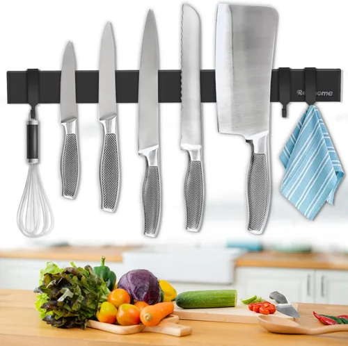 Soporte magnético para cuchillos de pared de 17 pulgadas, tira magnética de cuchillo negro sin taladrar con 3 ganchos, tira magnética para cuchillos