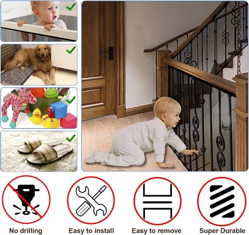 Miniatura 4 de Red para escalera, Barrera de seguridad para bebés para escaleras sin necesidad de perforación, Barrera de seguridad para pasamanos de bebé, 18 pies