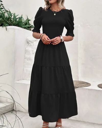 Miniatura 46 de BTFBM Vestidos para mujer, cuello redondo, casual, de verano, con volantes, manga corta, bohemio, con niveles, fruncido, largo, con estampado floral