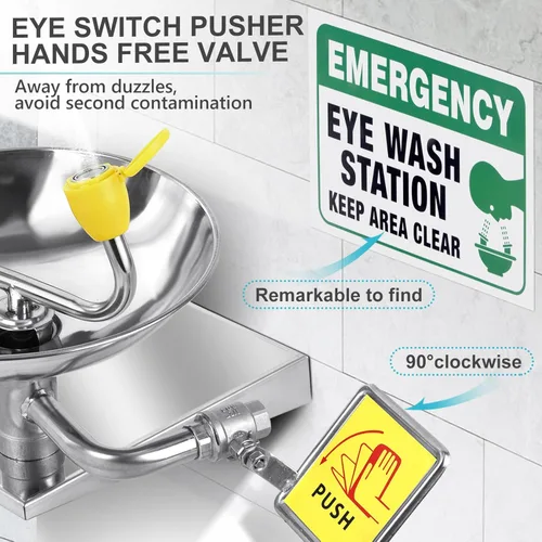 Miniatura 5 de Estación de lavado de ojos de acero inoxidable, arandela de ojos de emergencia montada en la pared, boquilla multifuncional, aprobado por OSHA