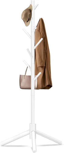 Miniatura 10 de Unisakey Perchero de madera duradero, perchero independiente con base triangular estable, 8 ganchos y 3 alturas ajustables, montaje simple para Negro