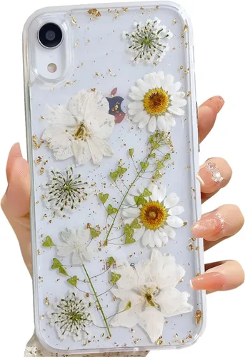 Miniatura 9 de LSEEKA Funda transparente para iPhone 13 Pro Max con diseño de flores reales prensadas, con purpurina, bonito patrón floral blanco, delgada, suave