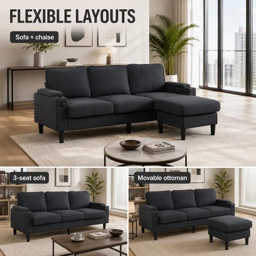 Miniatura 3 de Sofá modular de terciopelo en forma de L de 67 pulgadas con otomana, sofá convertible de 3 asientos con asiento profundo de nube para sala de estar