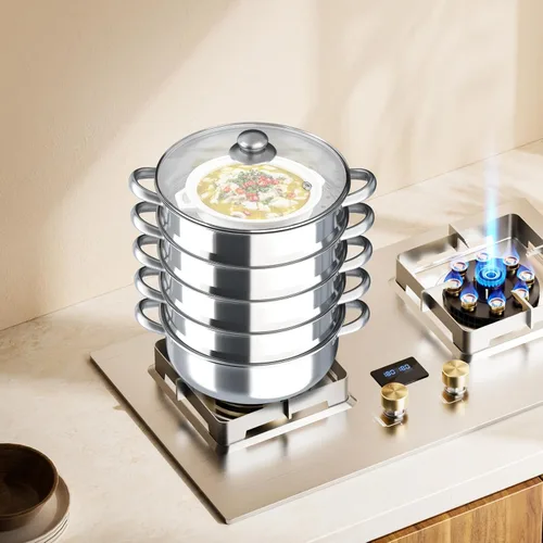 Miniatura 8 de Olla vaporera de acero inoxidable de 5 niveles de 11 pulgadas, olla apilable multiusos con tapa de vidrio a prueba de explosiones, asas duraderas