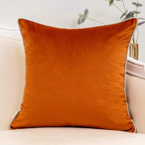 Miniatura 2 de Yangest Funda de almohada de terciopelo de retazos naranja quemado con funda de cojín de cuero a rayas doradas, funda de almohada moderna de lujo