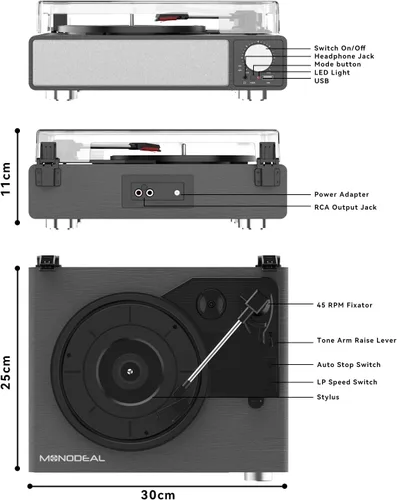 Miniatura 8 de MONODEAL - Tocadiscos de vinilo con altavoces, tocadiscos de 3 velocidades para discos de vinilo con transmisor Bluetooth, parada automática, salida